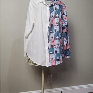 SHEIN White and Blue Button Down Shirt Top Cat Graphic